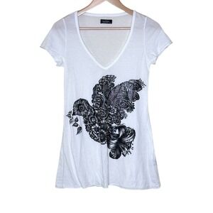Lauren Moshi Womens Hand Painted Dove Flower T Shirt Top Size XS Abstract V Neck
